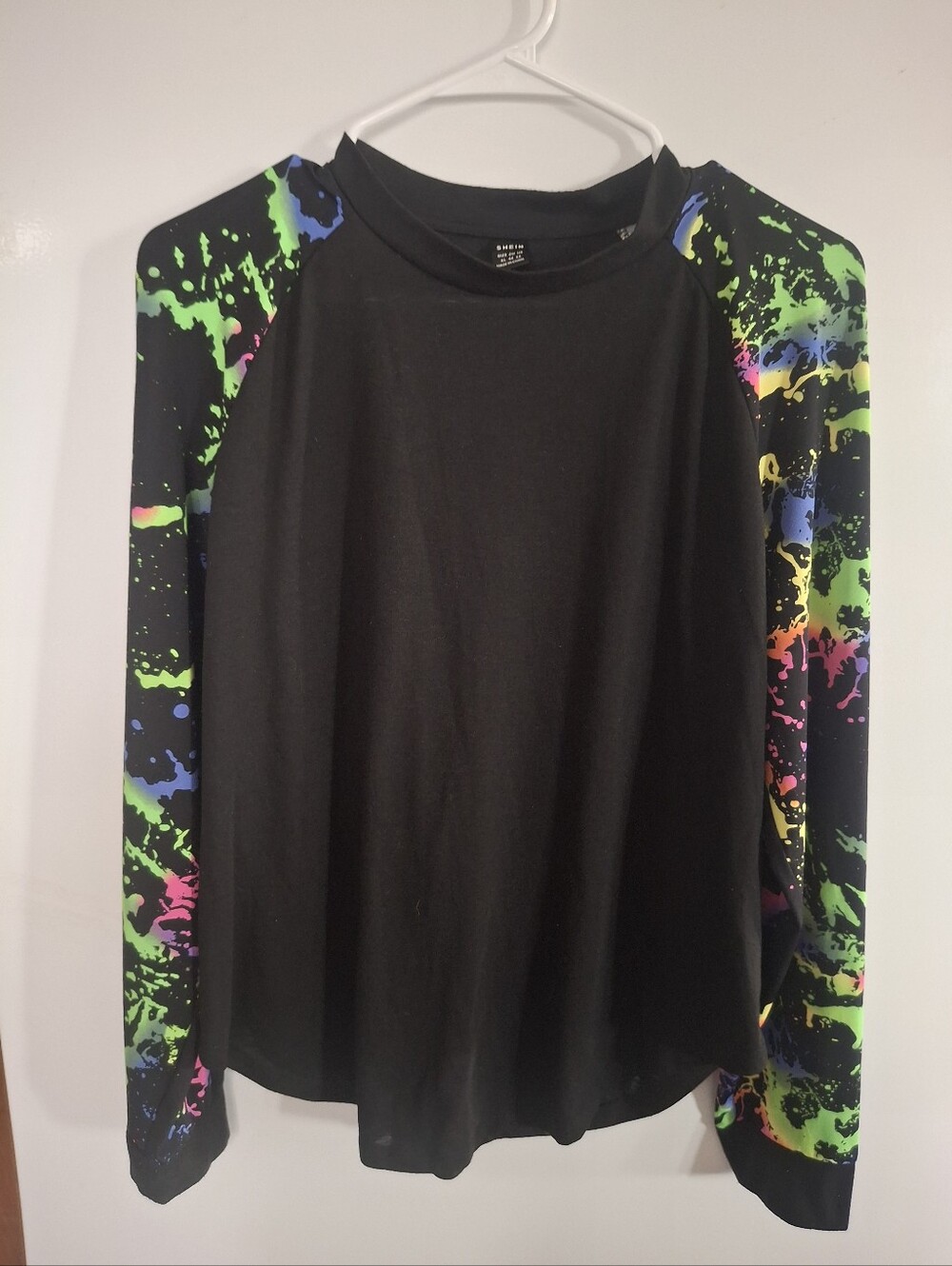 Womens Black Long-Sleeve Top with Neon Splatter Sleeves